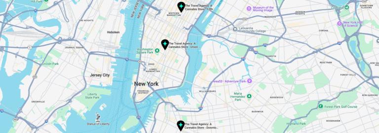 The Travel Agency dispensary locations map showing Union Square, Fifth Avenue, Downtown Brooklyn, and SoHo stores in New York City