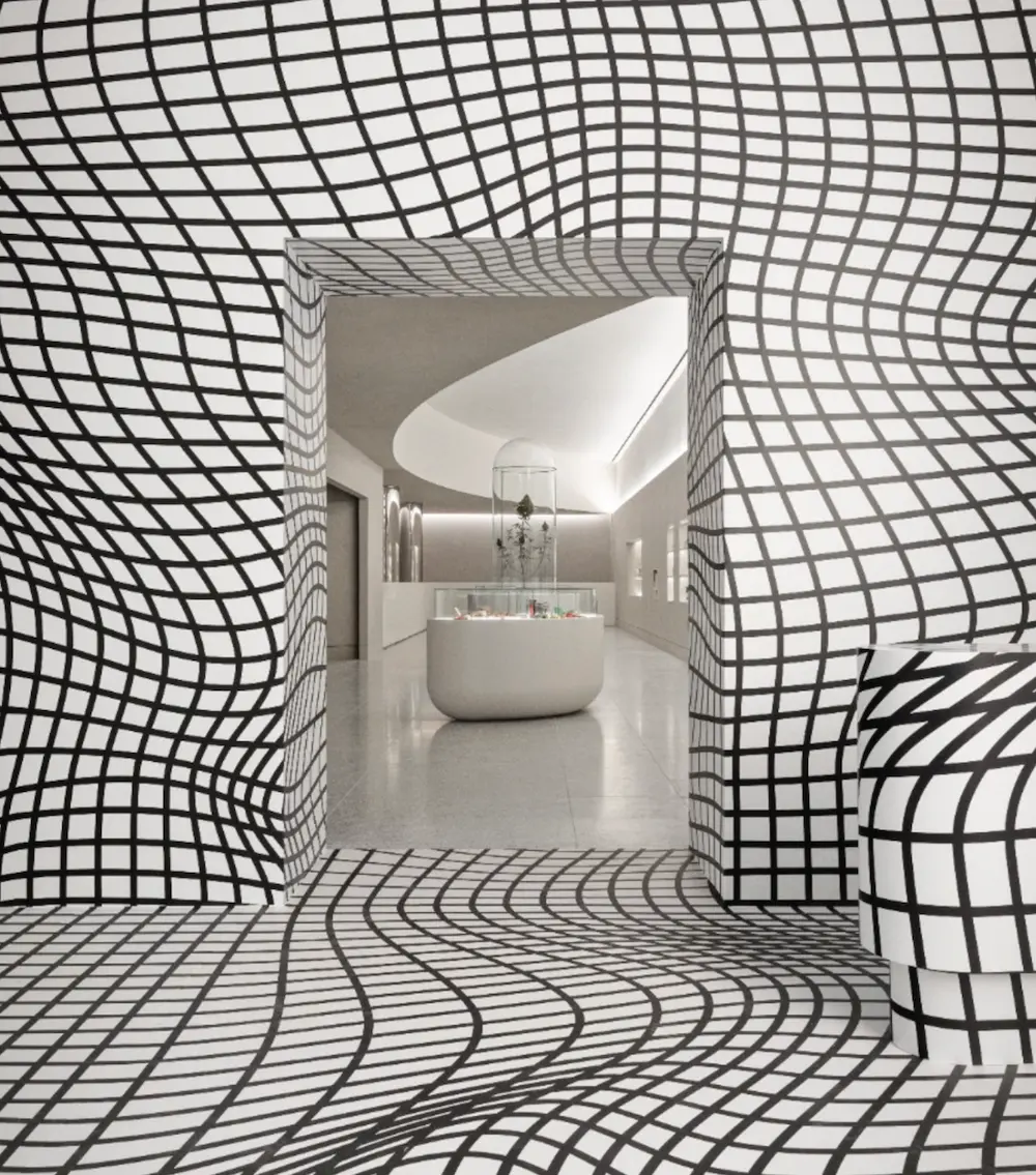 Interior space with distorted grid pattern creating an optical illusion